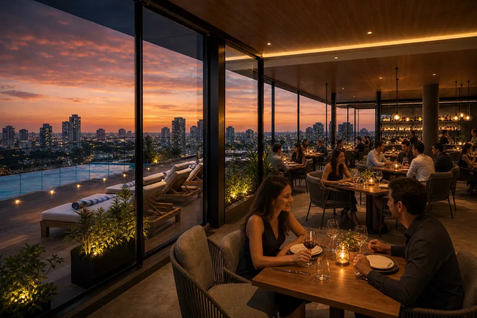 Restaurante panorâmico com vista para a cidade