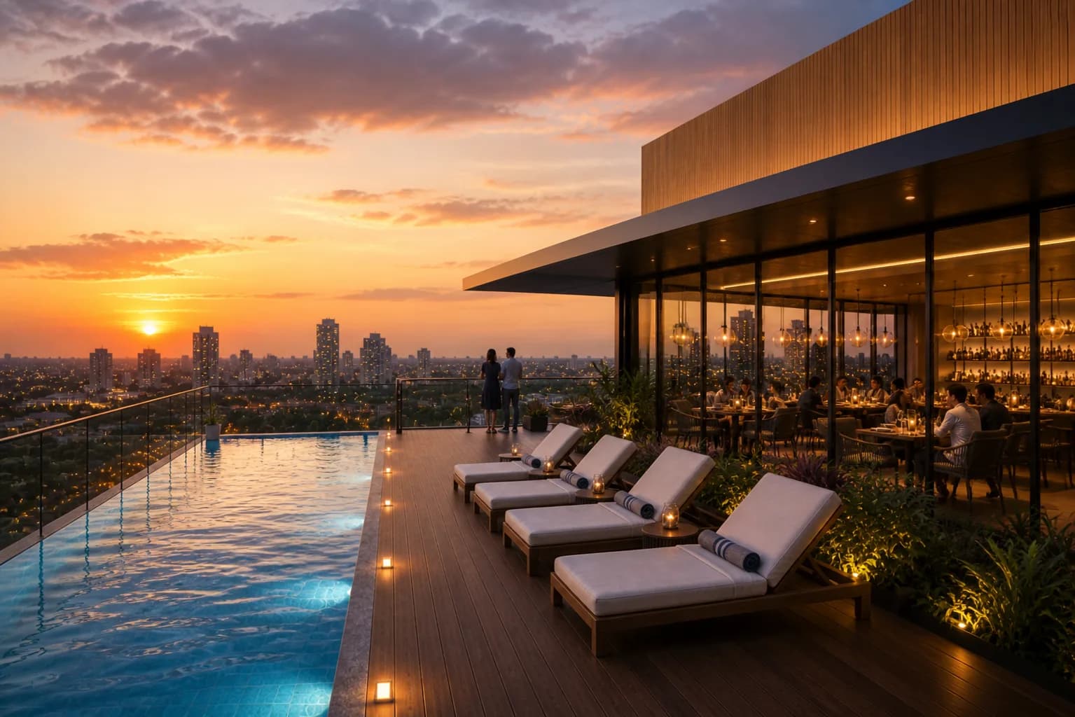 Rooftop com piscina de borda infinita ao entardecer