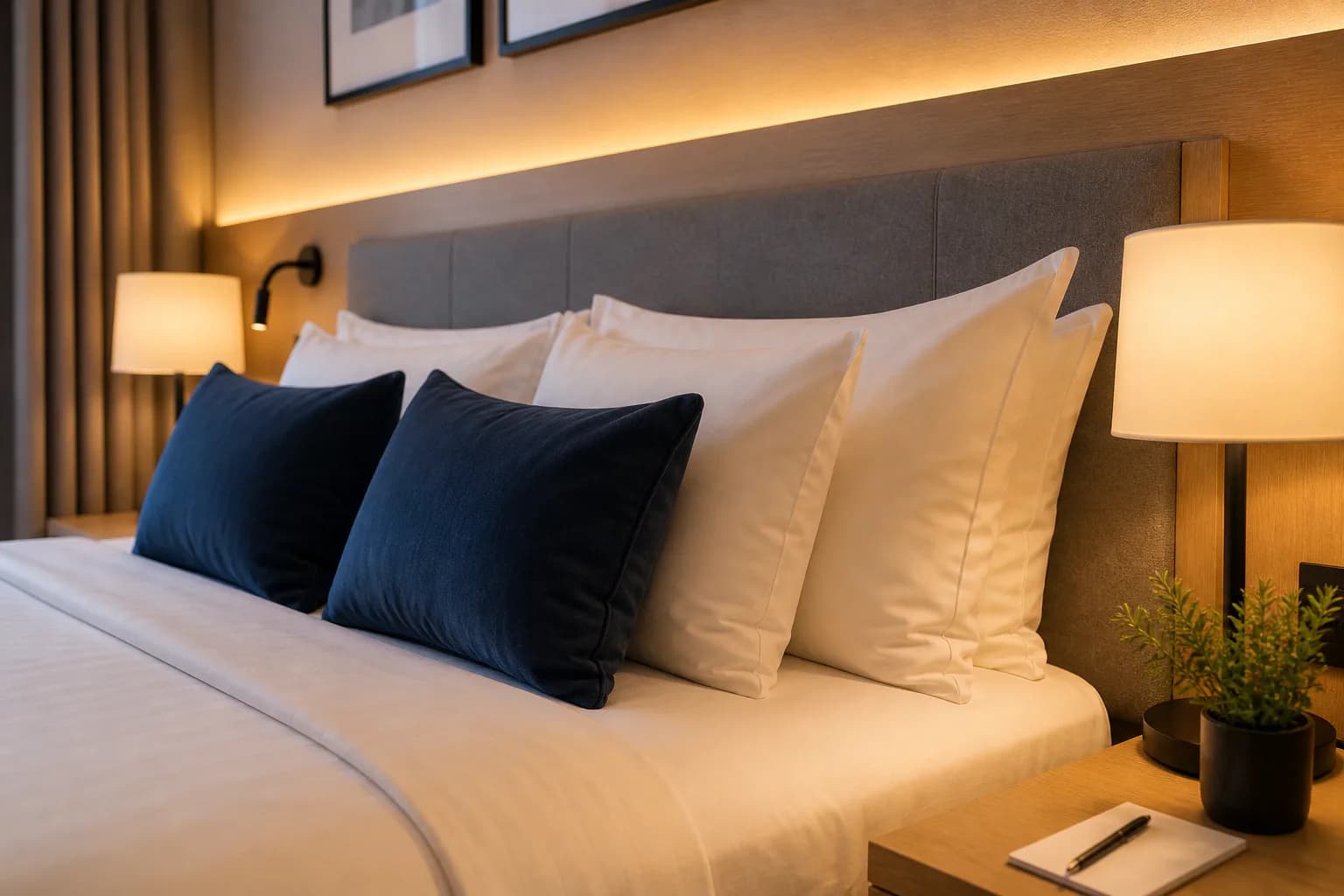 Detalhe da cama e enxoval do apartamento